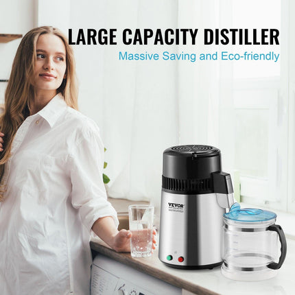 Water Distiller, 4L 1.05 Gallon Pure Water Purifier Filter For Home Countertop, 750W Distilled Water Maker, Stainless Steel Interior Distiller Water Making Machine to Make Clean Water, Silvery.