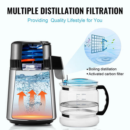 Water Distiller, 4L 1.05 Gallon Pure Water Purifier Filter For Home Countertop, 750W Distilled Water Maker, Stainless Steel Interior Distiller Water Making Machine to Make Clean Water, Silvery.