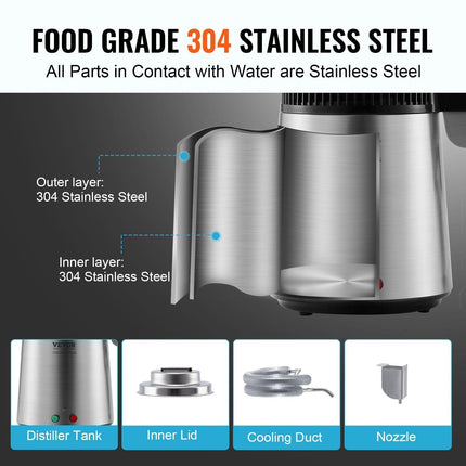 Water Distiller, 4L 1.05 Gallon Pure Water Purifier Filter For Home Countertop, 750W Distilled Water Maker, Stainless Steel Interior Distiller Water Making Machine to Make Clean Water, Silvery.