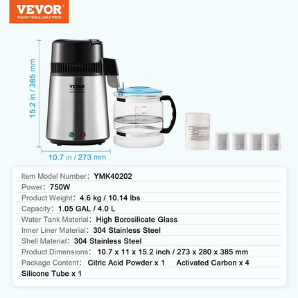 Water Distiller, 4L 1.05 Gallon Pure Water Purifier Filter For Home Countertop, 750W Distilled Water Maker, Stainless Steel Interior Distiller Water Making Machine to Make Clean Water, Silvery.