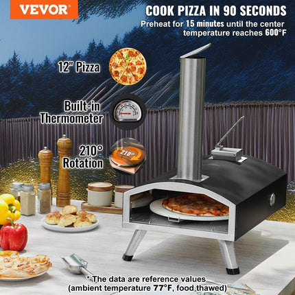 Outdoor Pizza Oven, 12" Wood Fired Pizza Ovens, Pellet Pizza Stove with Built-in Thermometer, with Thickened Cordierite, Rotating Pizza Stone, Carry Bag, Shovel, Portable Pizza Maker for Outside Backyard Patio Camping Black.