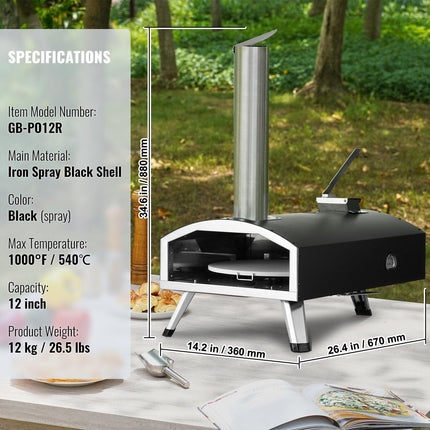 Outdoor Pizza Oven, 12" Wood Fired Pizza Ovens, Pellet Pizza Stove with Built-in Thermometer, with Thickened Cordierite, Rotating Pizza Stone, Carry Bag, Shovel, Portable Pizza Maker for Outside Backyard Patio Camping Black.