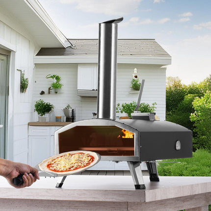 Outdoor Pizza Oven, 12" Wood Fired Pizza Ovens, Pellet Pizza Stove with Built-in Thermometer, with Thickened Cordierite, Rotating Pizza Stone, Carry Bag, Shovel, Portable Pizza Maker for Outside Backyard Patio Camping Black.