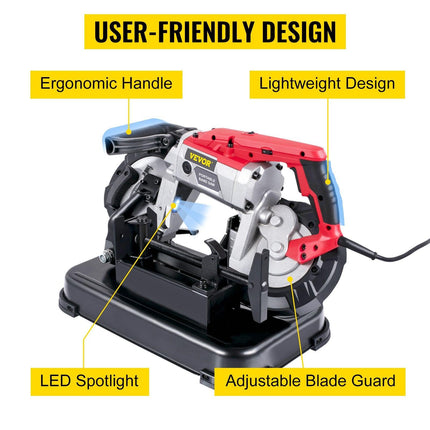Portable Band Saw,with Removable Alloy Steel Base Cordless Band Saw,127mm Cutting Capacity Hand held Band Saw,Variable Speed Portable Bandsaw, 10Amp Motor Deep Cut Band saw for Metal Wood.