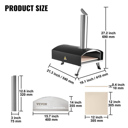Outdoor Pizza Oven, 12-inch, Wood Pellet and Charcoal Fired Pizza Maker, Portable Outside Stainless Steel Pizza Grill with Pizza Stone, Waterproof Cover, Shovel, Wood Burner for Backyard Camping.