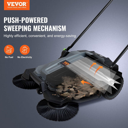 Walk-behind Hand Push Floor Sweeper 25.6" Width 5 Gallon Waste Container.