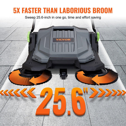 Walk-behind Hand Push Floor Sweeper 25.6" Width 5 Gallon Waste Container.
