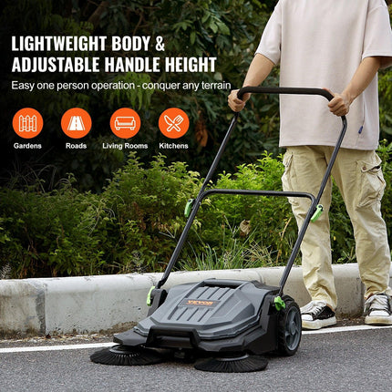 Walk-behind Hand Push Floor Sweeper 25.6" Width 5 Gallon Waste Container.