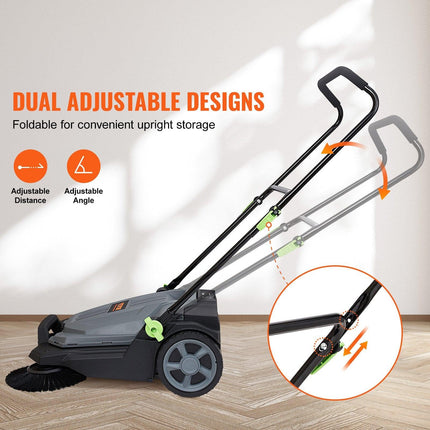 Walk-behind Hand Push Floor Sweeper 25.6" Width 5 Gallon Waste Container.