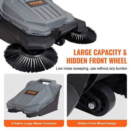 Walk-behind Hand Push Floor Sweeper 25.6" Width 5 Gallon Waste Container.