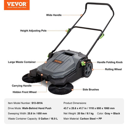 Walk-behind Hand Push Floor Sweeper 25.6" Width 5 Gallon Waste Container.