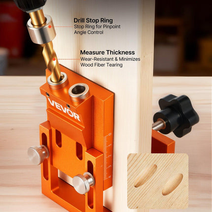 Pocket Hole Jig Kit, 12 mm to 48 mm Adjustable, Jig Pocket Hole System with Step Drill, Hex Wrench, Drill Stop Ring, Square Drive Bit, Plugs and Screws, Reinforced Metal Frame, for Woodworking.