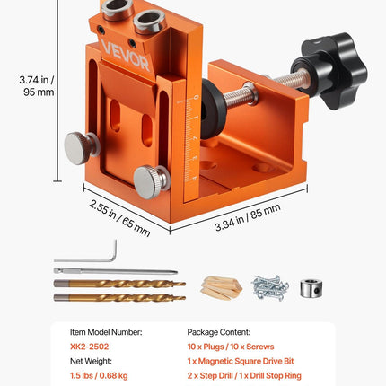 Pocket Hole Jig Kit, 12 mm to 48 mm Adjustable, Jig Pocket Hole System with Step Drill, Hex Wrench, Drill Stop Ring, Square Drive Bit, Plugs and Screws, Reinforced Metal Frame, for Woodworking.
