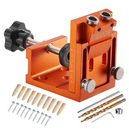 Pocket Hole Jig Kit, 12 mm to 48 mm Adjustable, Jig Pocket Hole System with Step Drill, Hex Wrench, Drill Stop Ring, Square Drive Bit, Plugs and Screws, Reinforced Metal Frame, for Woodworking.