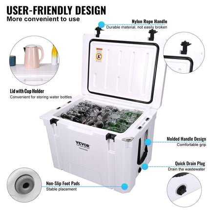 Insulated Portable Cooler, 65 qt, Holds 65 Cans, Ice Retention Hard Cooler with Heavy Duty Handle, Ice Chest Lunch Box for Camping, Beach, Picnic, Travel, Outdoor, Keeps Ice for up to 6 Days.