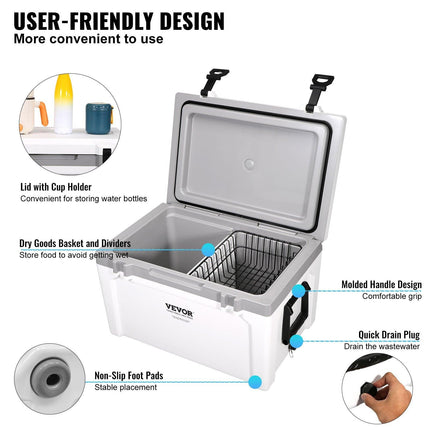 Insulated Portable Cooler, 49 L, Holds 50 Cans, Ice Retention Hard Cooler with Heavy Duty Handle, Ice Chest Lunch Box for Camping, Beach, Picnic, Travel, Outdoor, Keeps Ice for up to 6 Days.