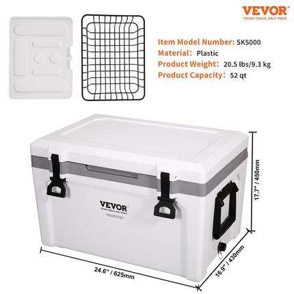 Insulated Portable Cooler, 49 L, Holds 50 Cans, Ice Retention Hard Cooler with Heavy Duty Handle, Ice Chest Lunch Box for Camping, Beach, Picnic, Travel, Outdoor, Keeps Ice for up to 6 Days.