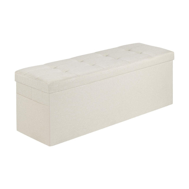 Foldable Storage Ottoman Bench, End of Bed Bench with Side Bags, Folding Upholstered Storage Chest Supports 660 lbs, Linen Bed Ottoman with Large Space for Living Room, Bedroom, Entryway, Beige.