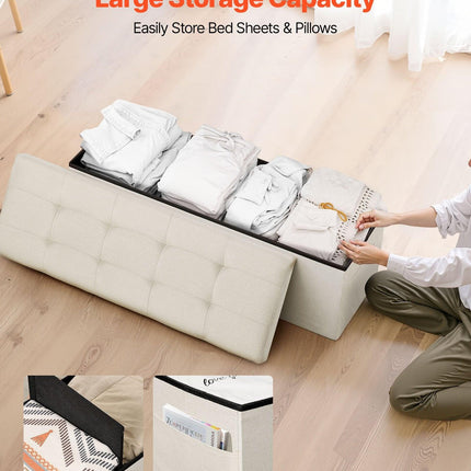 Foldable Storage Ottoman Bench, End of Bed Bench with Side Bags, Folding Upholstered Storage Chest Supports 660 lbs, Linen Bed Ottoman with Large Space for Living Room, Bedroom, Entryway, Beige.