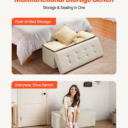 Foldable Storage Ottoman Bench, End of Bed Bench with Side Bags, Folding Upholstered Storage Chest Supports 660 lbs, Linen Bed Ottoman with Large Space for Living Room, Bedroom, Entryway, Beige.