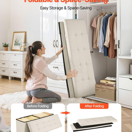 Foldable Storage Ottoman Bench, End of Bed Bench with Side Bags, Folding Upholstered Storage Chest Supports 660 lbs, Linen Bed Ottoman with Large Space for Living Room, Bedroom, Entryway, Beige.