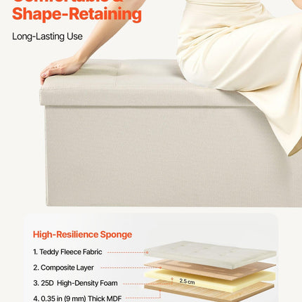 Foldable Storage Ottoman Bench, End of Bed Bench with Side Bags, Folding Upholstered Storage Chest Supports 660 lbs, Linen Bed Ottoman with Large Space for Living Room, Bedroom, Entryway, Beige.