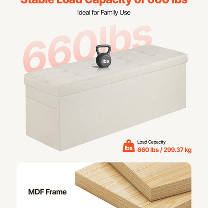 Foldable Storage Ottoman Bench, End of Bed Bench with Side Bags, Folding Upholstered Storage Chest Supports 660 lbs, Linen Bed Ottoman with Large Space for Living Room, Bedroom, Entryway, Beige.