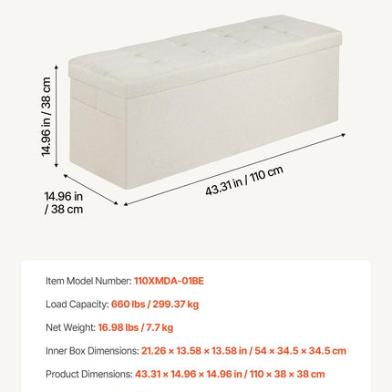 Foldable Storage Ottoman Bench, End of Bed Bench with Side Bags, Folding Upholstered Storage Chest Supports 660 lbs, Linen Bed Ottoman with Large Space for Living Room, Bedroom, Entryway, Beige.