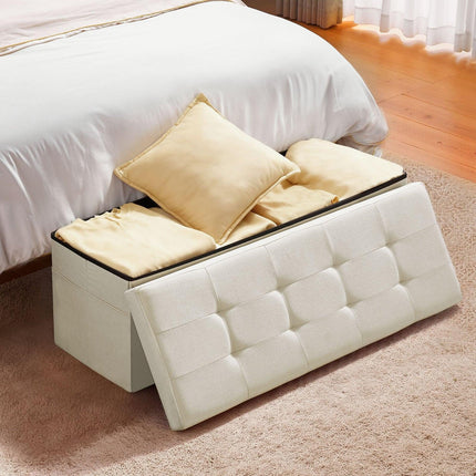 Foldable Storage Ottoman Bench, End of Bed Bench with Side Bags, Folding Upholstered Storage Chest Supports 660 lbs, Linen Bed Ottoman with Large Space for Living Room, Bedroom, Entryway, Beige.