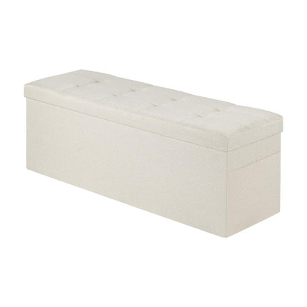 Foldable Storage Ottoman Bench, End of Bed Bench with Side Bags, Folding Upholstered Storage Chest Supports 660 lbs, Linen Bed Ottoman with Large Space for Living Room, Bedroom, Entryway, Beige.