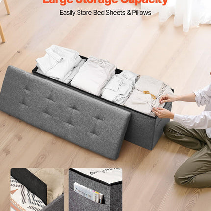 Foldable Storage Ottoman Bench, End of Bed Bench with Side Bags, Folding Upholstered Storage Chest Supports 660 lbs, Linen Bed Ottoman with Large Space for Living Room, Bedroom, Entryway, Grey.