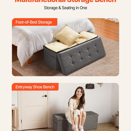 Foldable Storage Ottoman Bench, End of Bed Bench with Side Bags, Folding Upholstered Storage Chest Supports 660 lbs, Linen Bed Ottoman with Large Space for Living Room, Bedroom, Entryway, Grey.