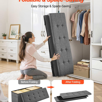 Foldable Storage Ottoman Bench, End of Bed Bench with Side Bags, Folding Upholstered Storage Chest Supports 660 lbs, Linen Bed Ottoman with Large Space for Living Room, Bedroom, Entryway, Grey.