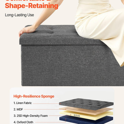 Foldable Storage Ottoman Bench, End of Bed Bench with Side Bags, Folding Upholstered Storage Chest Supports 660 lbs, Linen Bed Ottoman with Large Space for Living Room, Bedroom, Entryway, Grey.