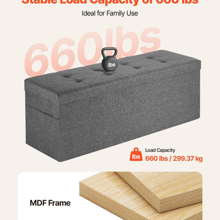 Foldable Storage Ottoman Bench, End of Bed Bench with Side Bags, Folding Upholstered Storage Chest Supports 660 lbs, Linen Bed Ottoman with Large Space for Living Room, Bedroom, Entryway, Grey.