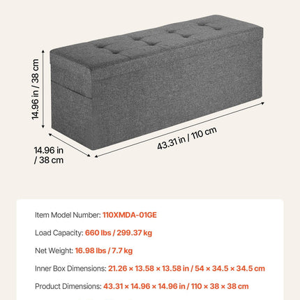Foldable Storage Ottoman Bench, End of Bed Bench with Side Bags, Folding Upholstered Storage Chest Supports 660 lbs, Linen Bed Ottoman with Large Space for Living Room, Bedroom, Entryway, Grey.