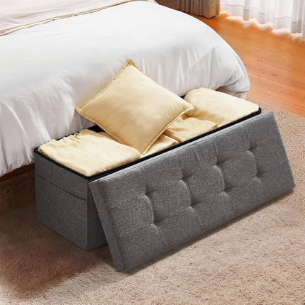 Foldable Storage Ottoman Bench, End of Bed Bench with Side Bags, Folding Upholstered Storage Chest Supports 660 lbs, Linen Bed Ottoman with Large Space for Living Room, Bedroom, Entryway, Grey.
