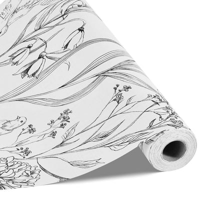 Peel and Stick Wallpaper, 45cm x 10m Contact Paper White Line Art Botanical Floral Waterpoof Self Adhesive, Easy to Clean Wall Decorative Vinyl Roll for Bedroom Kitchen Office Bathroom.