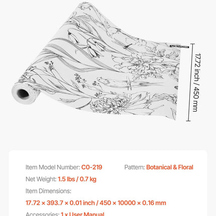 Peel and Stick Wallpaper, 45cm x 10m Contact Paper White Line Art Botanical Floral Waterpoof Self Adhesive, Easy to Clean Wall Decorative Vinyl Roll for Bedroom Kitchen Office Bathroom.