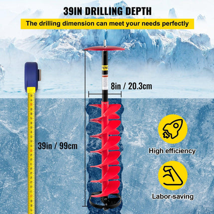 Ice Drill Auger, 8"" Diameter Nylon Ice Auger, 39"" Length Ice Auger Bit,Auger Drill with 11.8"" Extension Rod,Auger Bit with Drill Adapter,Top Plate & Blade Guard for Ice Fishing Ice Burrowing.