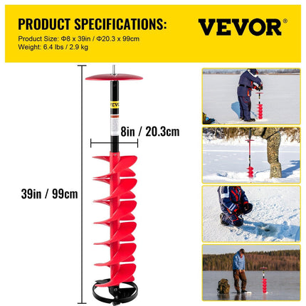 Ice Drill Auger, 8"" Diameter Nylon Ice Auger, 39"" Length Ice Auger Bit,Auger Drill with 11.8"" Extension Rod,Auger Bit with Drill Adapter,Top Plate & Blade Guard for Ice Fishing Ice Burrowing.
