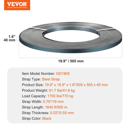 Packaging Steel Strapping Roll, 500 m Length x 19 mm Width x 0.55 mm Thickness, 770 kg Break Strength, Heavy Duty Banding Pallet Strap Coil, Portable Strong Banding Packing Metal Straps, Black.