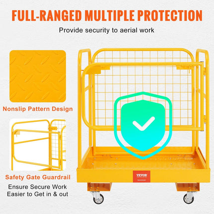 Forklift Safety Cage, 544 kg Load Capacity, 92 x 92 cm Folding Forklift Work Platform with Lockable Swivel Wheels, Drain Hole, and Device Chain, Holds 1 to 2 Adults, Perfect for Aerial Work.