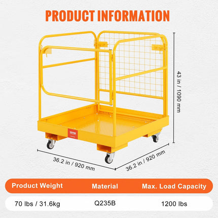Forklift Safety Cage, 544 kg Load Capacity, 92 x 92 cm Folding Forklift Work Platform with Lockable Swivel Wheels, Drain Hole, and Device Chain, Holds 1 to 2 Adults, Perfect for Aerial Work.