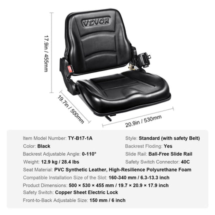 Universal Forklift Seat, Fold Down Tractor Seat with Adjustable Angle Back, Micro Switch and Retractable Seatbelt, 16-34 cm Slot Forklift Seat for Tractor Loader Excavator.