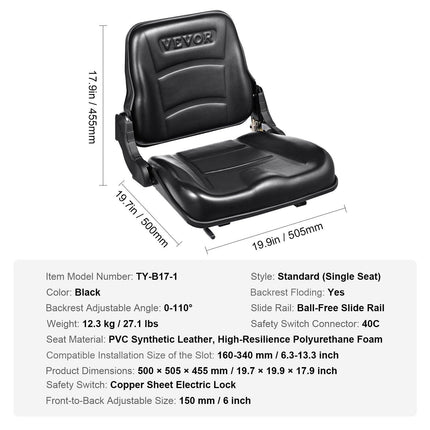 Universal Forklift Seat, Fold Down Tractor Seat with Adjustable Angle Back and Micro Switch, 16-34 cm Extended Slot Comfortable Forklift Seat for Tractor Loader Excavator.