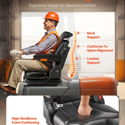 Universal Forklift Seat, Tractor Suspension Seat with Adjustable Back, Armrest, Headrest & Safety Belt, Secure Fold Down Tractor Seat with Micro Switch, Lawnmower Seat for Skid Loader Bulldozer.