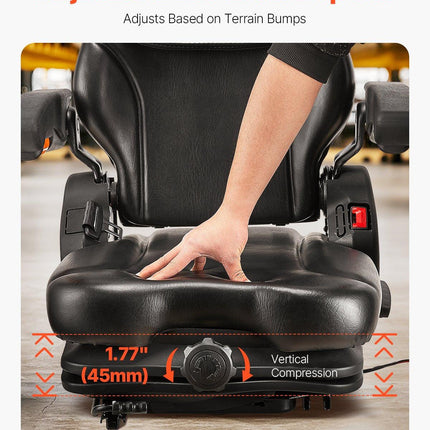 Universal Forklift Seat, Tractor Suspension Seat with Adjustable Back, Armrest, Headrest & Safety Belt, Secure Fold Down Tractor Seat with Micro Switch, Lawnmower Seat for Skid Loader Bulldozer.