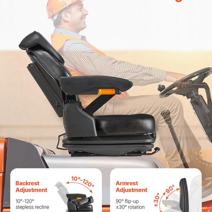 Universal Forklift Seat, Tractor Suspension Seat with Adjustable Back, Armrest, Headrest & Safety Belt, Secure Fold Down Tractor Seat with Micro Switch, Lawnmower Seat for Skid Loader Bulldozer.