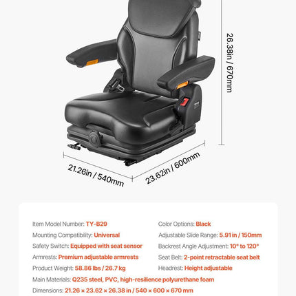 Universal Forklift Seat, Tractor Suspension Seat with Adjustable Back, Armrest, Headrest & Safety Belt, Secure Fold Down Tractor Seat with Micro Switch, Lawnmower Seat for Skid Loader Bulldozer.